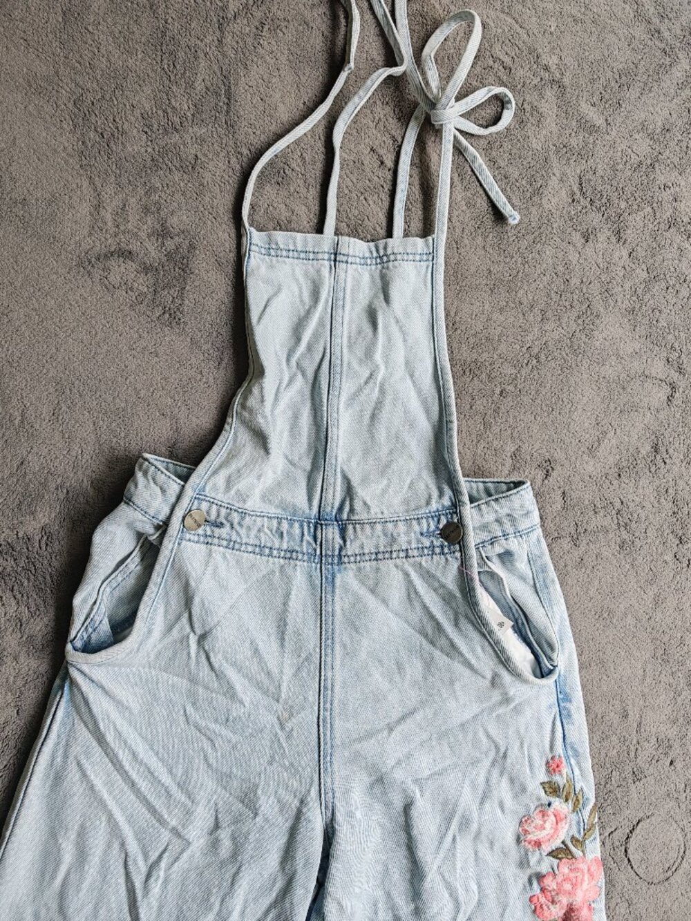 Free People x Driftwood Raphy Embroidered Denim Overalls XS Boho Wide Leg Floral - Picture 7 of 16